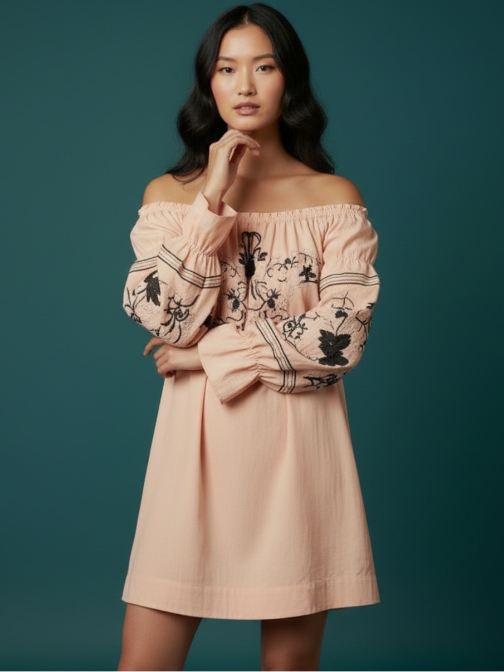 Free People Peach Fleur du Jour Embroidered off Shoulder Midi Dress with pockets